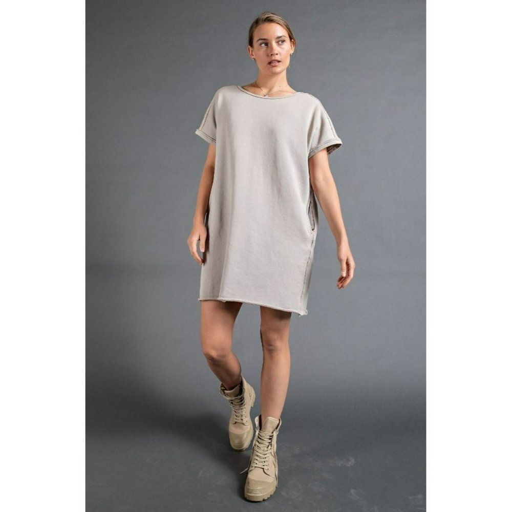 Easel Oversized Mineral Washed Terry Boxy Dress in Grey New S-L ED21953 - Picture 3 of 5